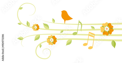 Spring music decoration element with bird and flowers