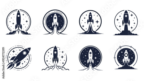 Set of monochrome circular icons features different rocket ship designs launching into space surrounded by stars and smoke.