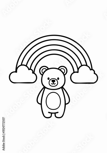 Cute Bear Under Rainbow Coloring Page for Kids and Adults.
