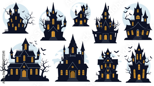 Selection of spooky haunted house silhouettes features dark mansions and castles against full moons with flying bats.
