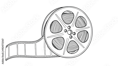 Vintage cinema film reel and a strip of blank movie film are depicted in a detailed black and white line art illustration.