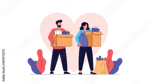 Man and woman carry cardboard boxes and bags filled with items against a heart background, representing a move or donation.