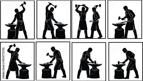 Blacksmith working silhouette collection showing metal forging, hammering on anvil, traditional craftsmanship, industrial labor and manual artisan workshop activity concept