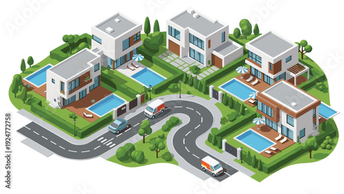 Isometric view of a luxury suburban neighborhood features modern white houses with blue swimming pools and green lawns.