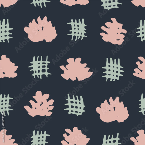 Hand painted bloomed flower heads and hashtag checks as a minimalist abstract floral design in colors of pink and green on dark blue background. Botanical seamless vector pattern. Great for home decor