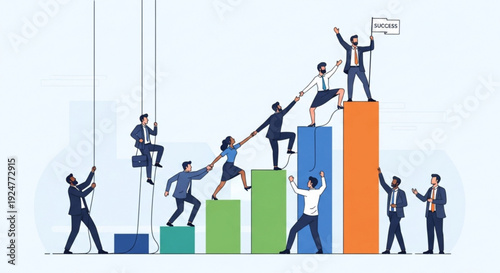 Businesspeople climbing colorful bar graph teamwork and success concept corporate growth strategy