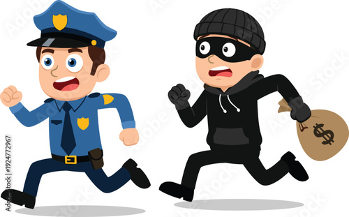 Cartoon police officer chasing thief with money bag crime pursuit vector illustration isolated on white background