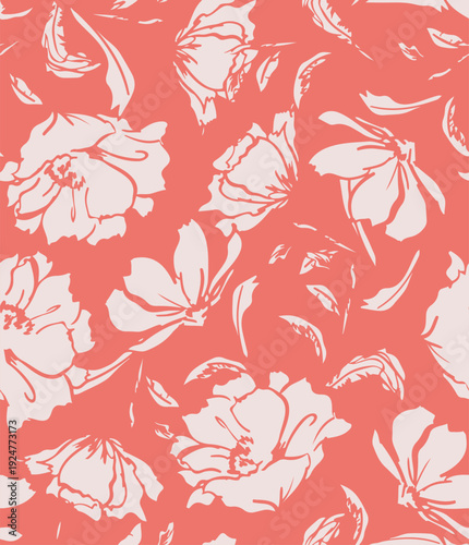 Seamless coral pink floral pattern. White silhouette flower background. Retro botanical textile design.