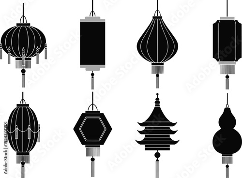 Chinese lantern silhouette vector set, Asian hanging paper lamps with tassels and pagoda shapes, traditional oriental festival decoration illustration collection