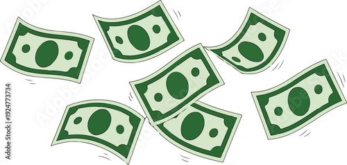 A simple illustration of five floating green dollar bills with curved edges against a white background.