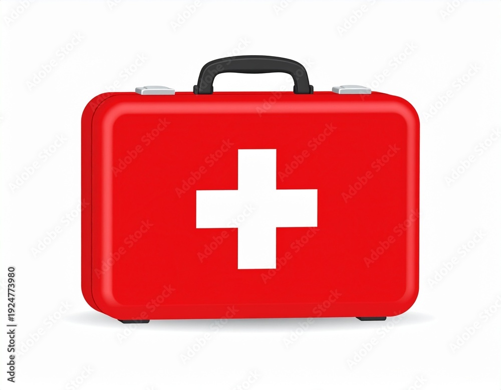 Obraz premium Red First Aid Kit with White Cross Symbol on a White Background, Emergency Medical Supplies.