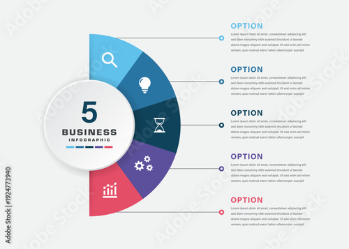 Circular 5 Segment Business Infographic Diagram with Icons, Options, and Central Hub for Workflow, Strategy, and Presentation Design