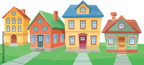 A cartoon illustration of four colorful houses arranged in a row on a green grassy lawn.