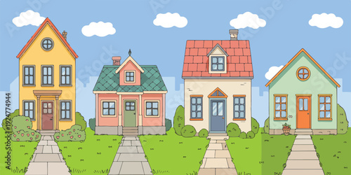A cartoon illustration of four colorful houses arranged in a row on a green grassy lawn.