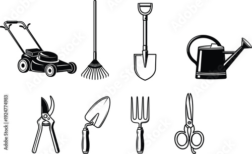 Garden tools vector illustration set, lawn mower rake shovel watering can pruner trowel fork scissors, black silhouette gardening equipment collectionGarden 