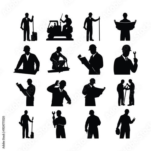 Silhouettes of construction workers in various work poses