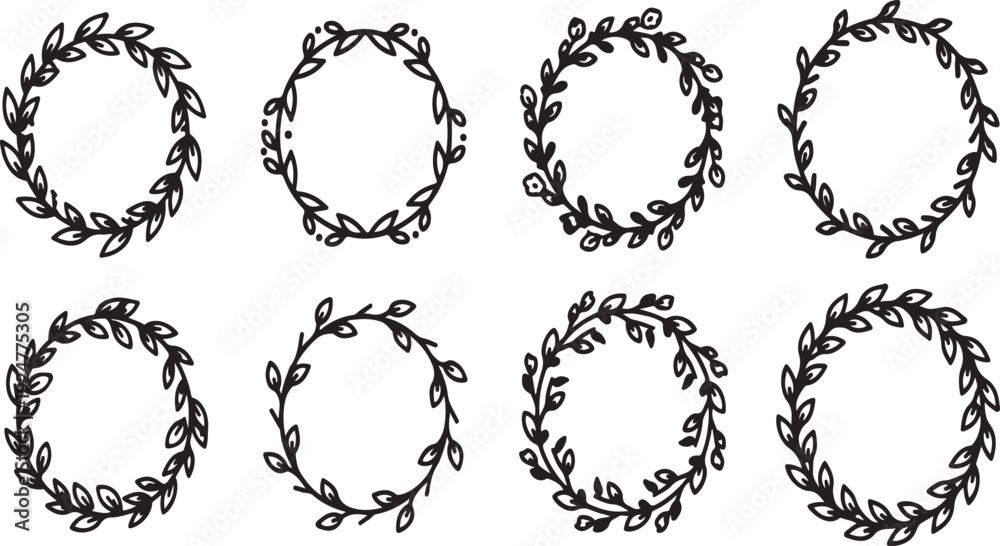 Obraz premium Eight elegant wreaths with intricate leaf and vine designs arranged in a row Vector