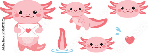 Cute Pink Axolotl Character Vector Set with Little Salamander Holding Love Letter and Heart Icons Isolated on White Background