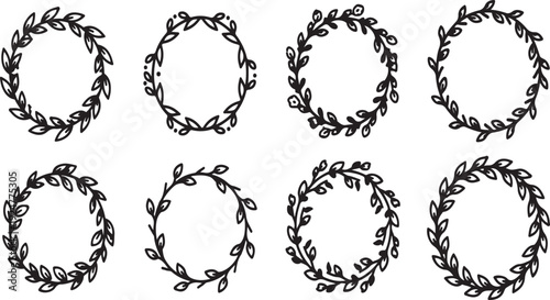 Eight elegant wreaths with intricate leaf and vine designs arranged in a row Vector