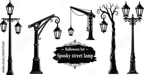 Halloween spooky street lamp vector illustration set, gothic vintage lantern posts with haunted tree and decorative iron light poles silhouette