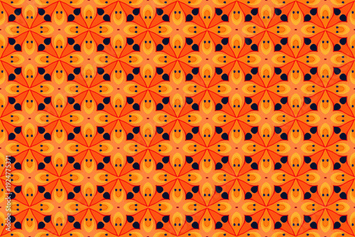 Orange and black geometric floral seamless pattern. Abstract vector background with repetitive symmetrical shapes.