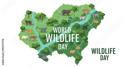Vector illustration of a green map celebrating World Wildlife Day with various animals and waterways.