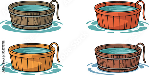 A set of four cartoon-style wooden hot tubs arranged in a 2x2 grid against a white background