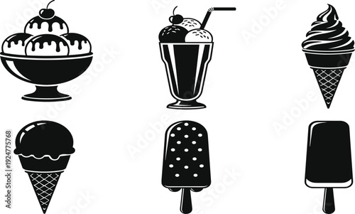 Ice cream dessert silhouette collection set, sundae milkshake cone popsicle black sweet food vector illustration isolated on white background