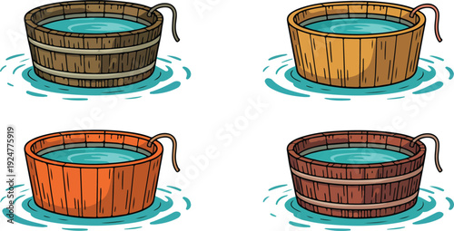 A set of four cartoon-style wooden hot tubs arranged in a 2x2 grid against a white background
