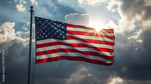 American flag ripples and snaps proudly in a dynamic breeze, created with generative ai