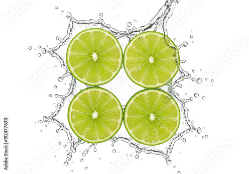 Four lime slices colliding with water splashes a vibrant and refreshing image on transparent background