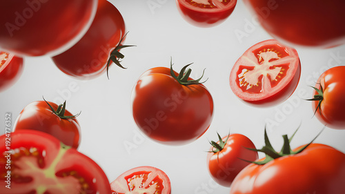 Fresh tomatoes and sliced tomatoes floating in the air on a white background