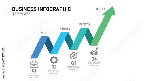 Business Infographic Template with Consistent Zigzag Upward Arrow in Blue to Green Monochrome Showing Profit Growth and Maximum Achievement with Strategy and Innovation Icons