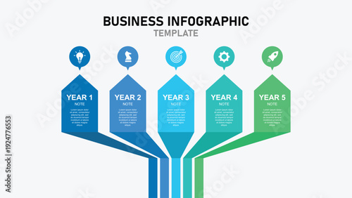 Business Infographic Template with Five Upward Arrows in Blue to Green Monochrome Representing Step-by-Step Growth from Year 1 to Year 5 with Strategy and Innovation Icons