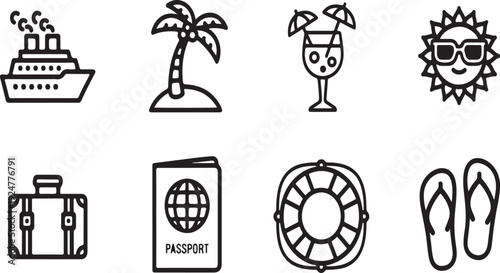 Essential items and symbols for a perfect beach vacation getaway Vector