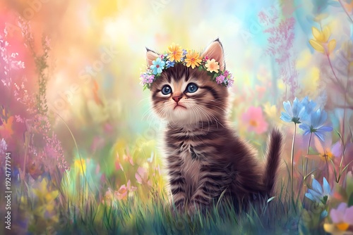 An adorable kitten wearing a flower crown sits gracefully in a field of grass, surrounded by a colorful floral background, embodying cuteness and naturea??s charm.