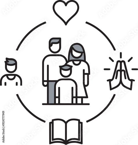 Modern vector illustration of family unity with faith love learning and personal growth icons for life.
