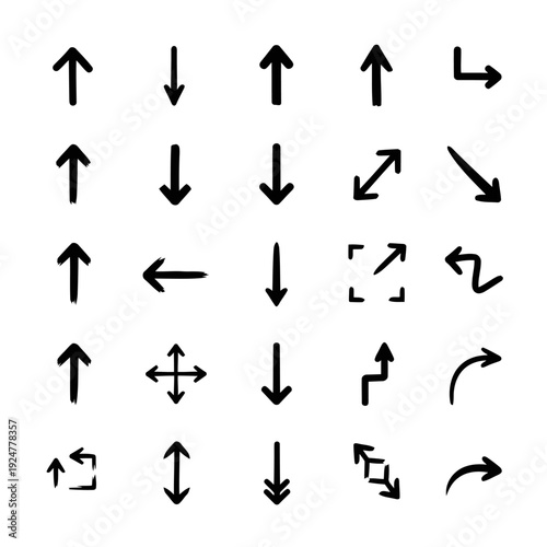 Set of hand drawn brush stroke arrows pointing around