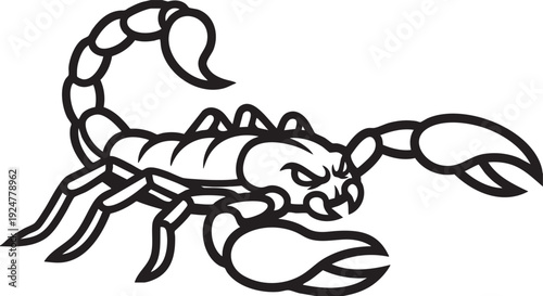A detailed monochrome line art depicts a formidable scorpion in a dynamic pose. The artwork features sharp details, evoking a sense of danger and precision.