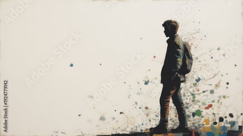 A solitary figure stands amidst a chaotic, colorful explosion of abstract shapes.