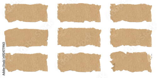 A collection of blank torn cardboard and ripped paper pieces featuring brown corrugated textures and aged grunge surfaces for vintage banner frames
