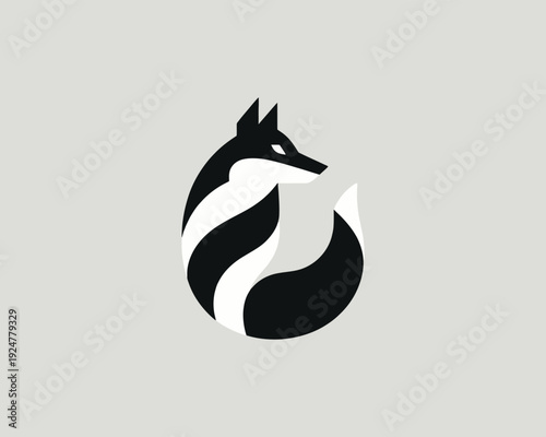 Fox curled up with swirling tail abstract logo design minimalist animal vector illustration