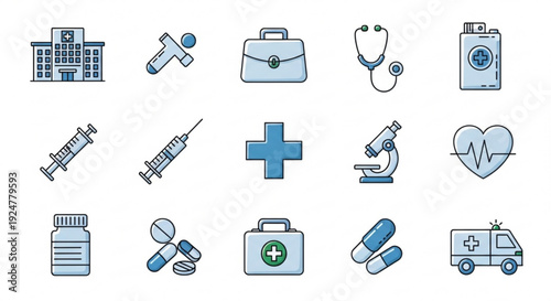Medical icons set including hospital syringe stethoscope and pills on white background for healthcare concepts