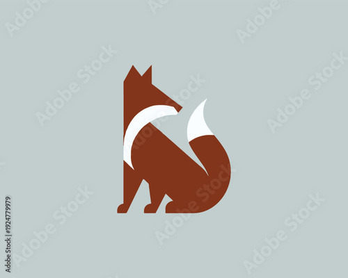 Fox sitting with curved tail minimalist geometric design isolated on grey vector illustration