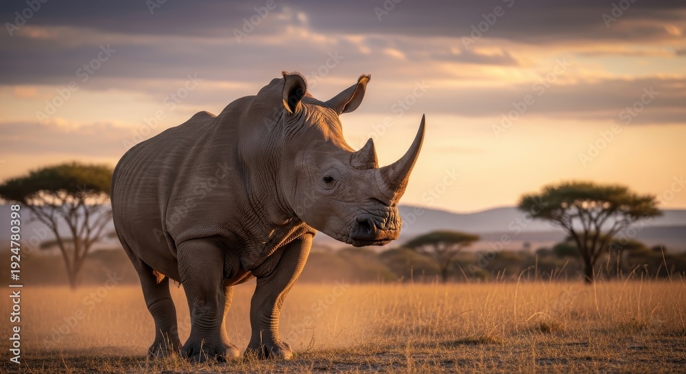 Fototapeta premium Majestic rhinoceros in golden light of African savanna.