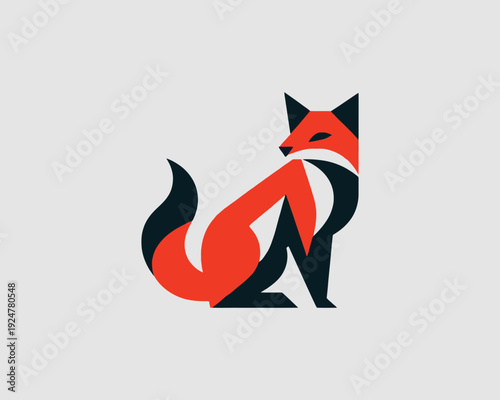 Fox sitting with tail curled abstract geometric shapes minimalist logo animal icon vector illustration