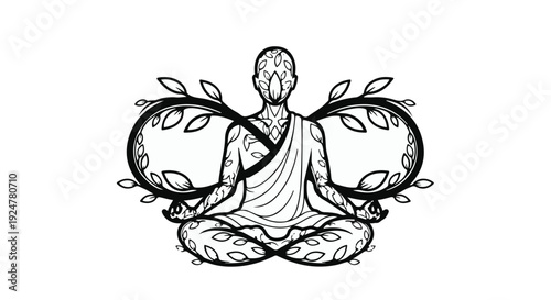 Meditating figure in lotus pose with serene nature elements symbolizing balance and tranquility.