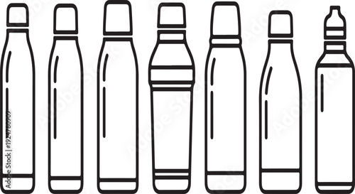 Assorted plastic bottles and containers lined up in a row. Vector