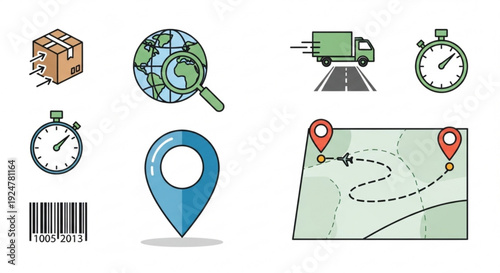 Logistics and shipping icons set with map tracking and timing elements for global delivery and navigation