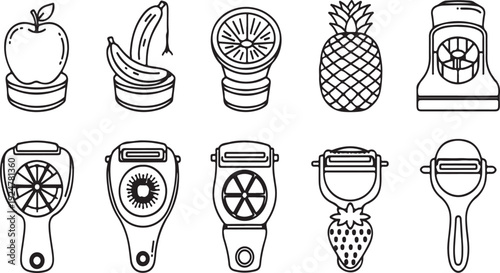 A variety of kitchen tools and utensils illustrated in black and white Vector